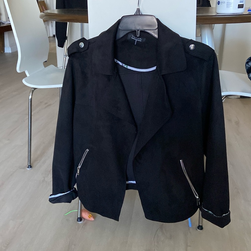 Tahari, black suede bomber jacket, large
